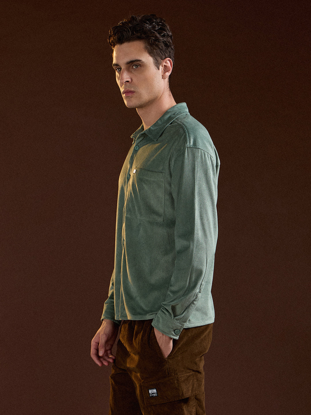 Men Green Texture Pattern Relaxed Fit Overshirt