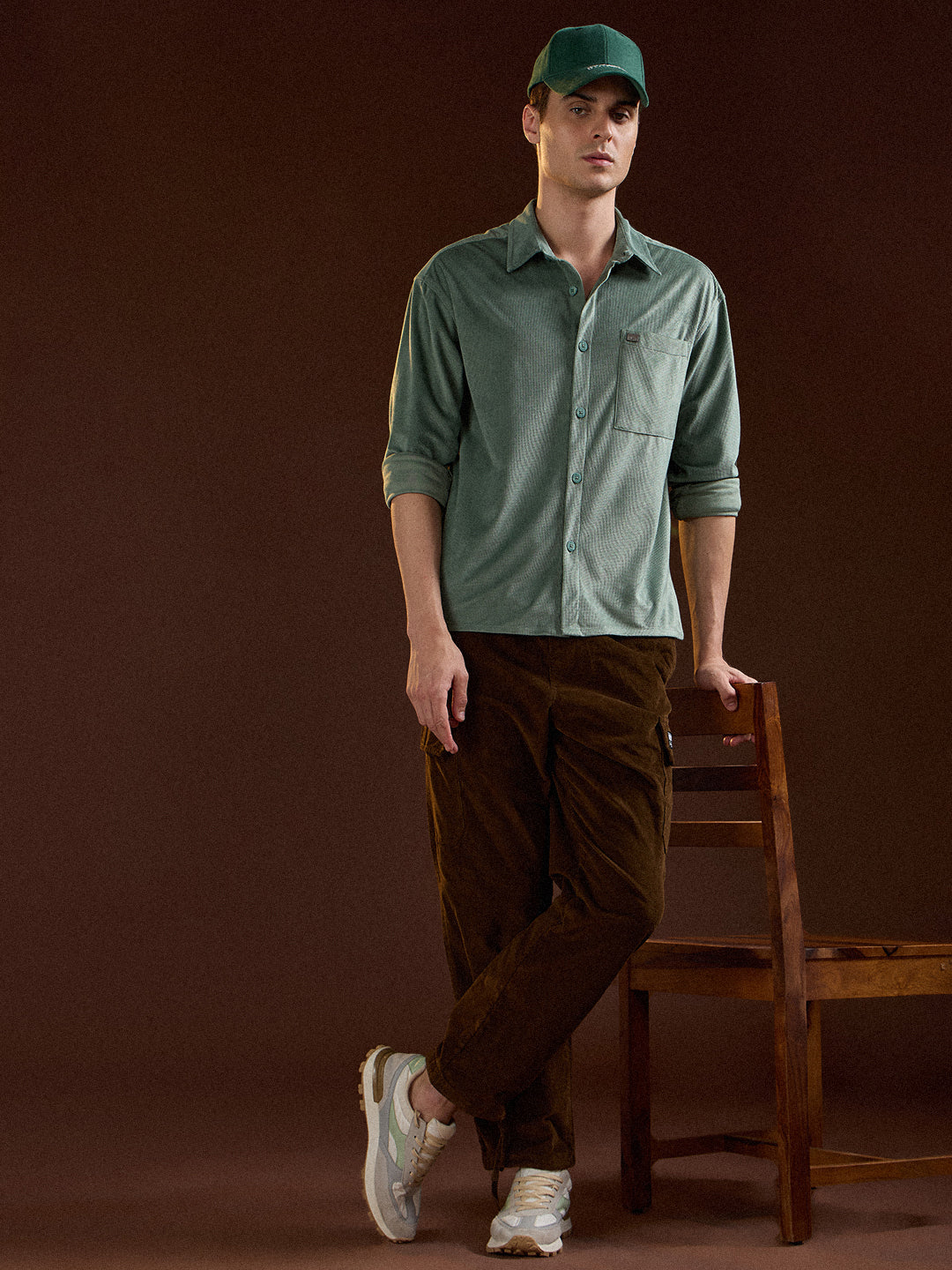 Men Green Texture Pattern Relaxed Fit Overshirt