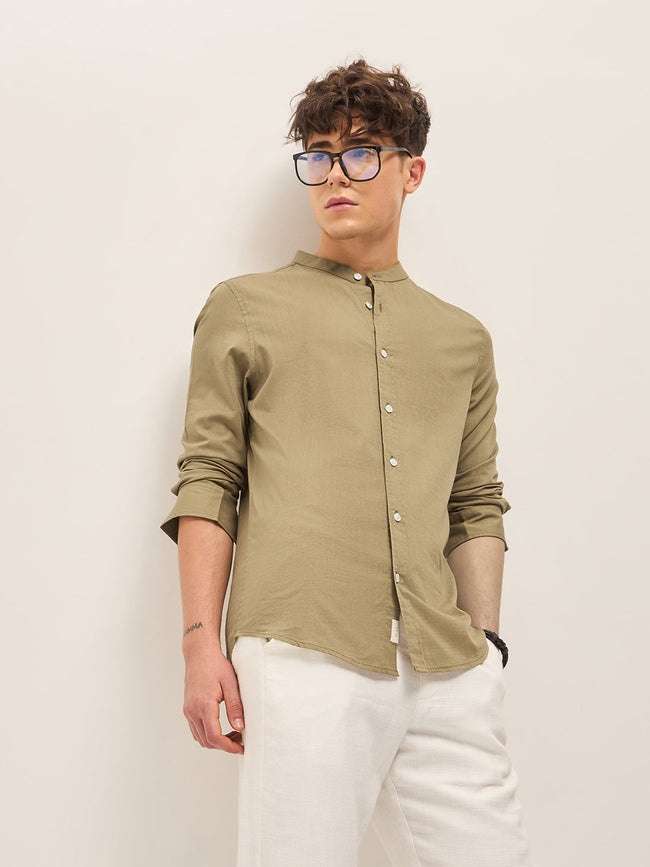 Men Beige Mandarin Collar Slim Fit Casual Shirt