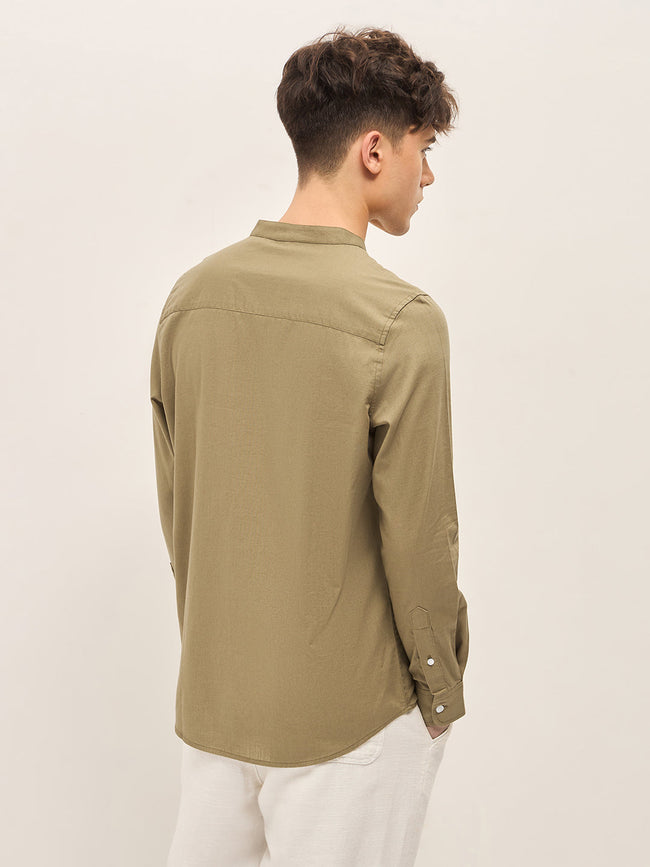 Men Beige Mandarin Collar Slim Fit Casual Shirt