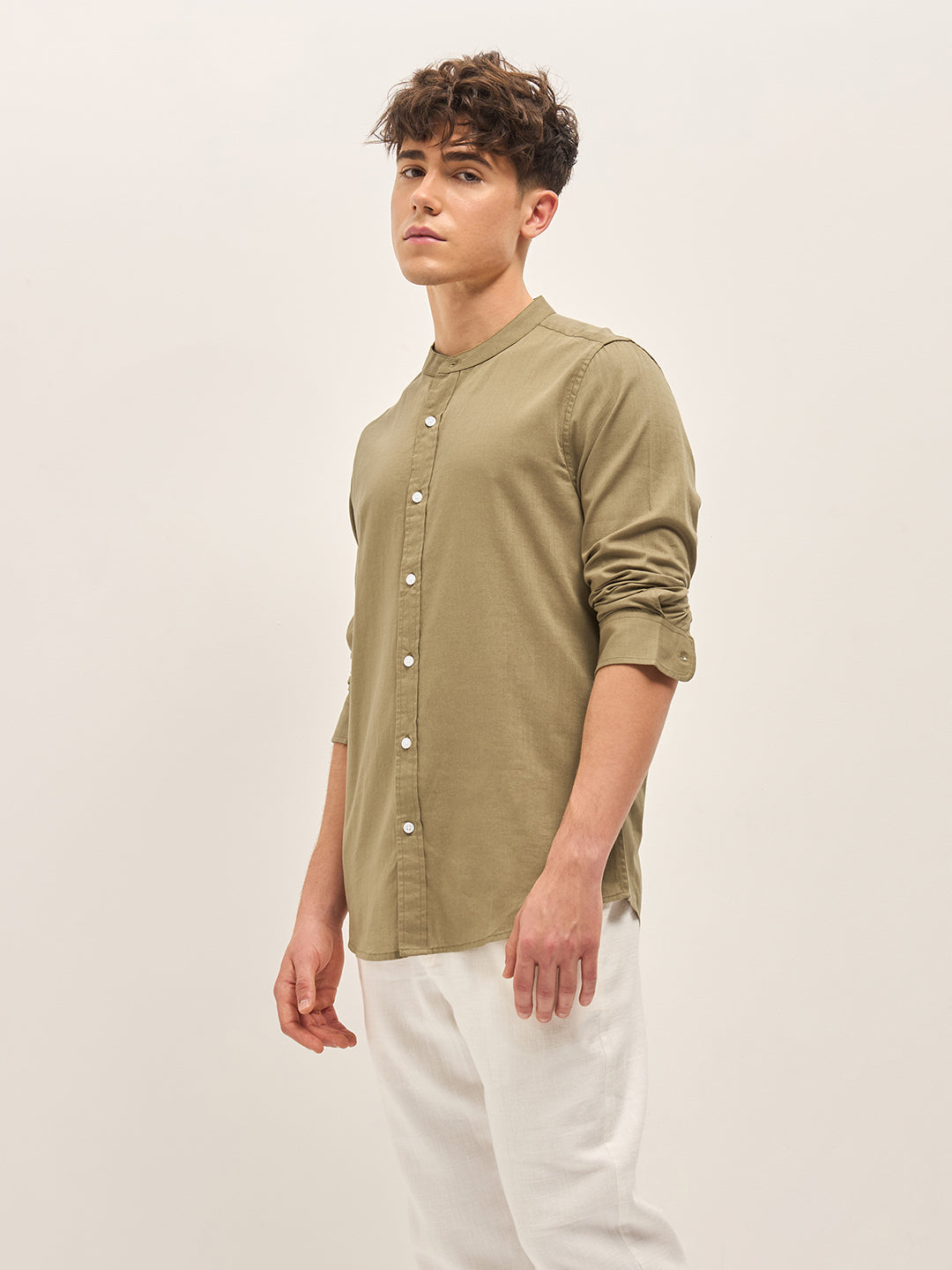 Men Beige Mandarin Collar Slim Fit Casual Shirt