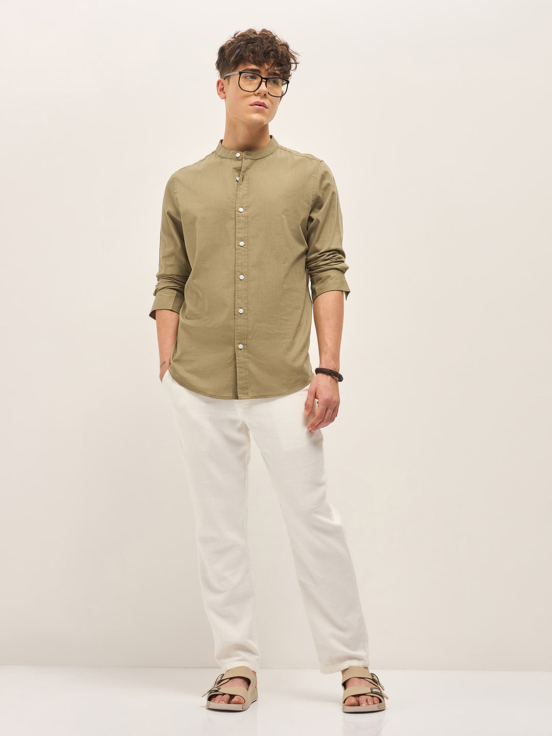 Men Beige Mandarin Collar Slim Fit Casual Shirt