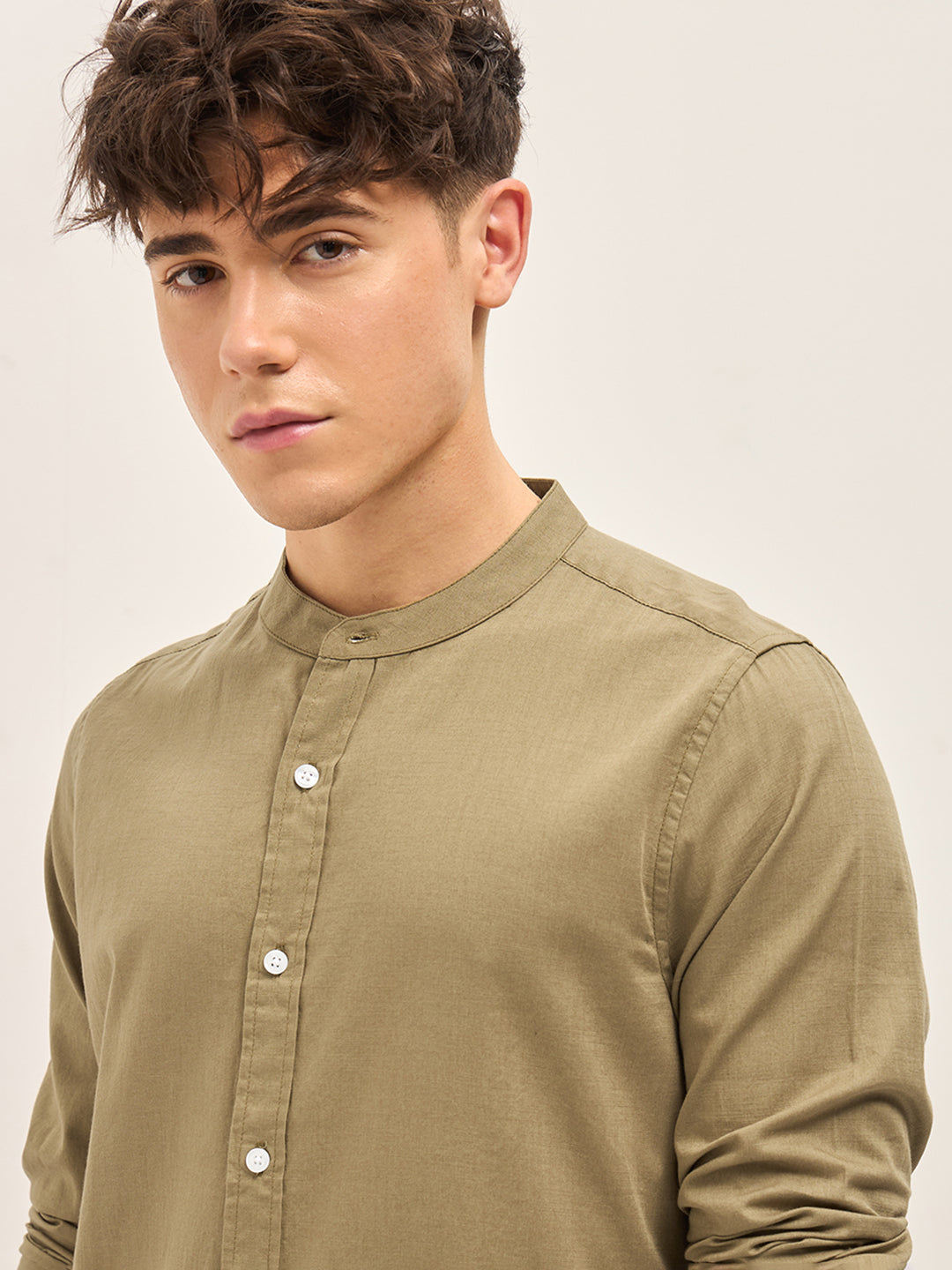 Men Beige Mandarin Collar Slim Fit Casual Shirt
