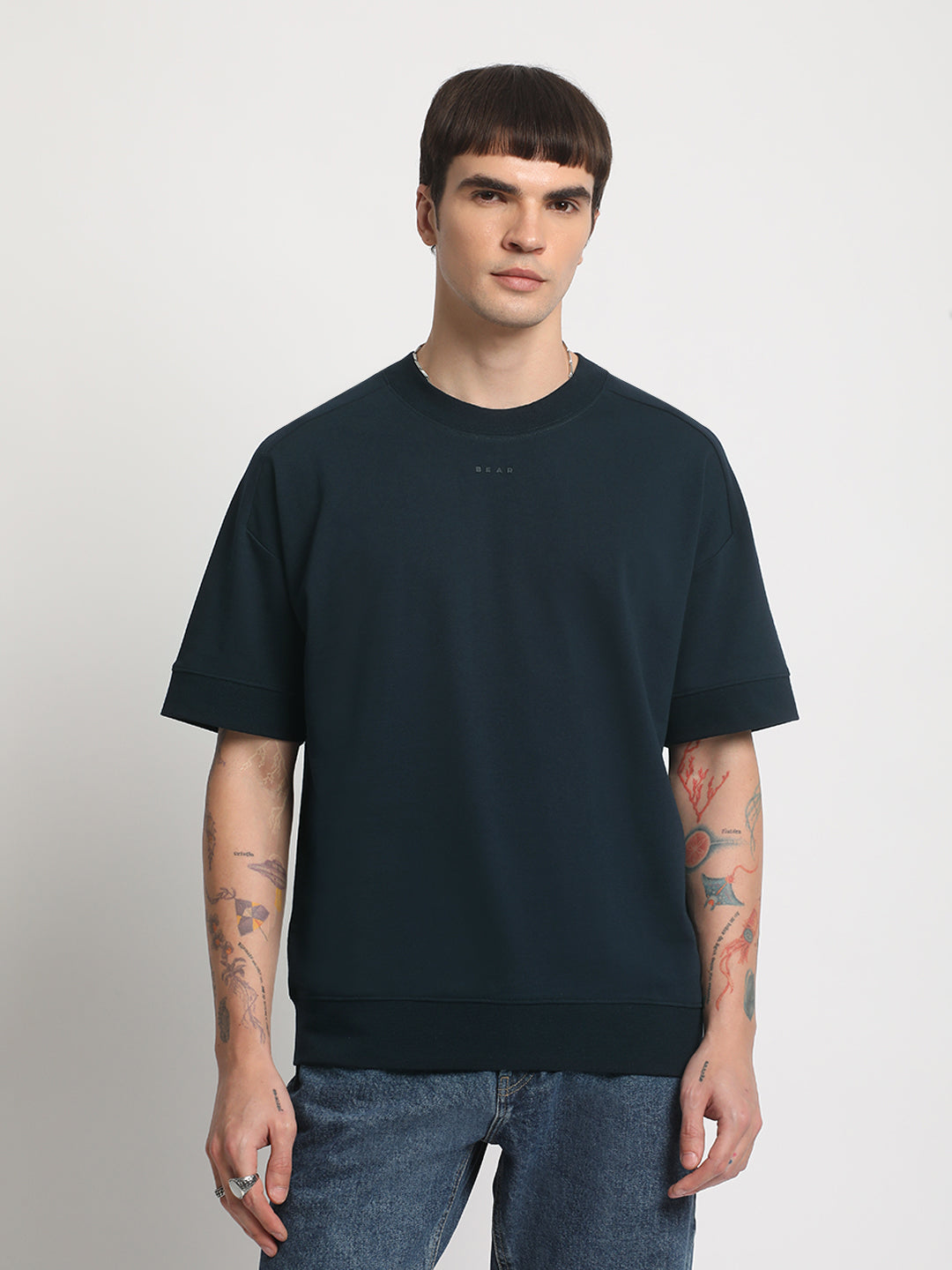 Men Blue Cotton Solid T-Shirt