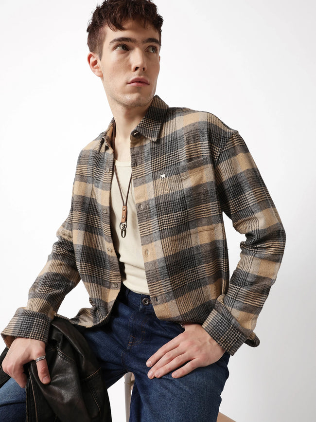 Men Beige Flannel Overshirt