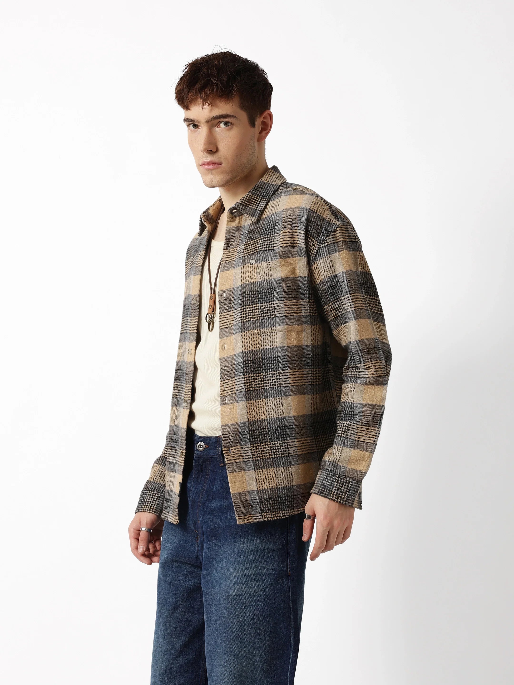 Men Beige Flannel Overshirt