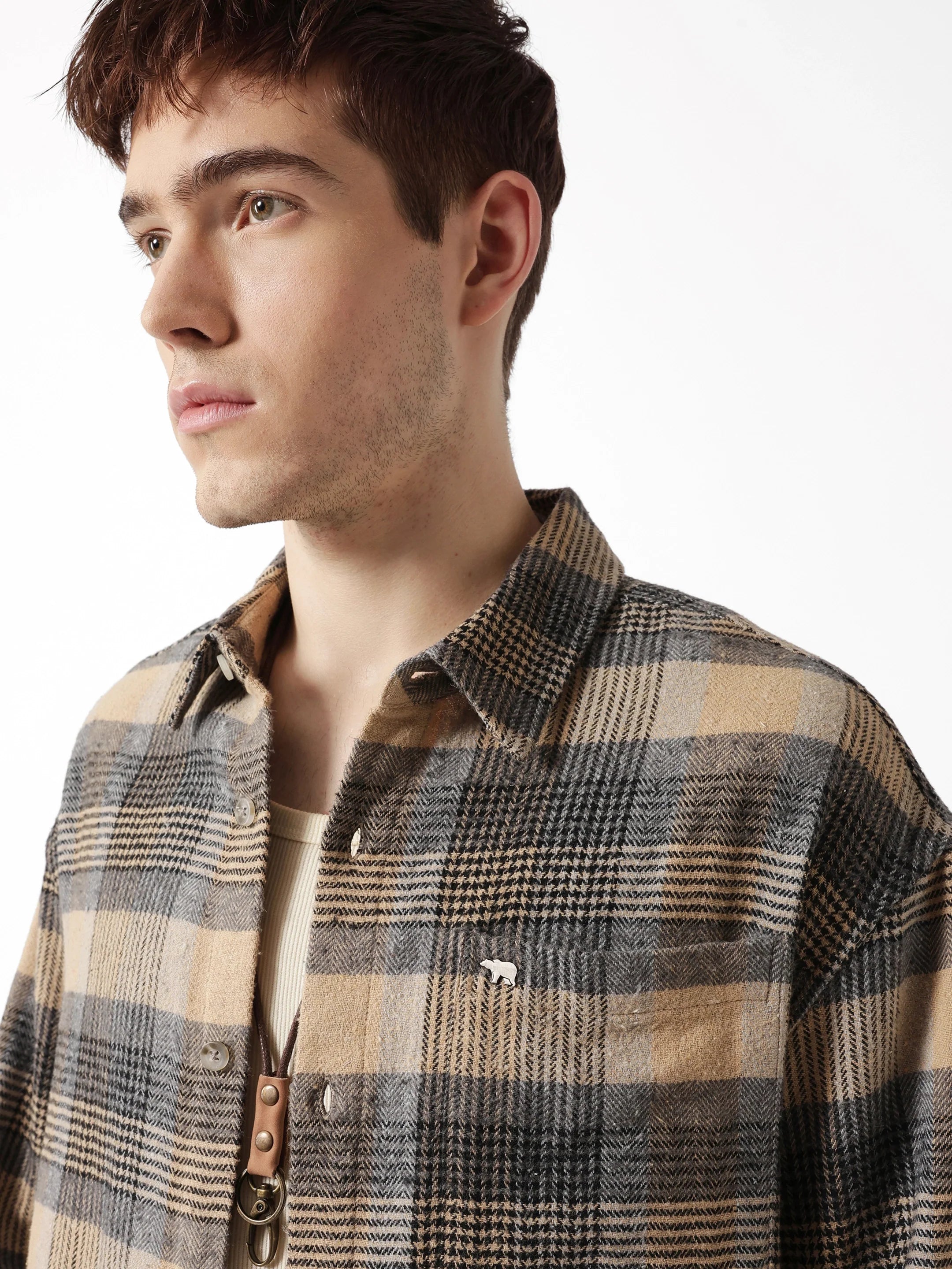 Men Beige Flannel Overshirt