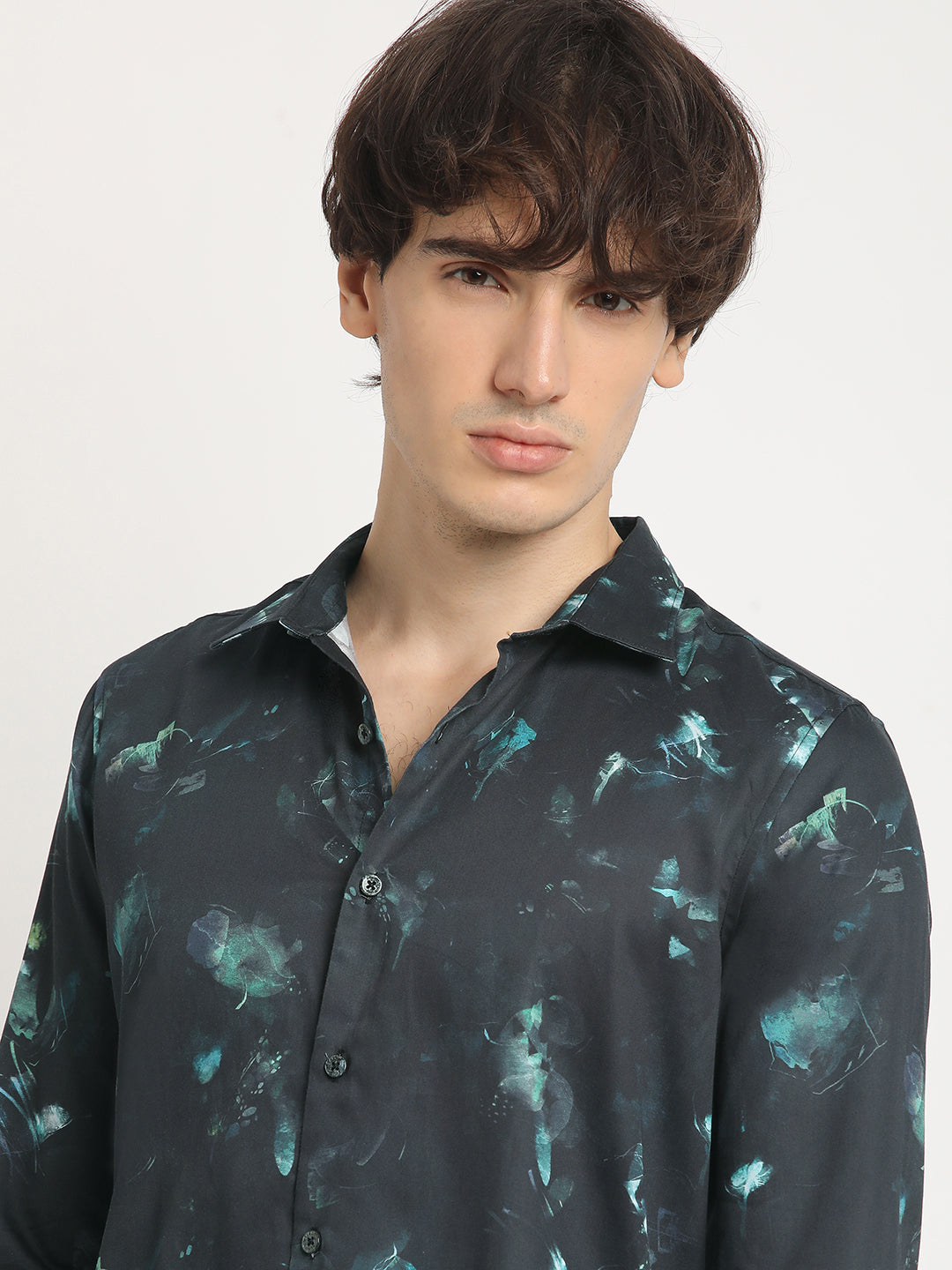 Men Blue Printed Slim Fit Cotton Casual Shirt