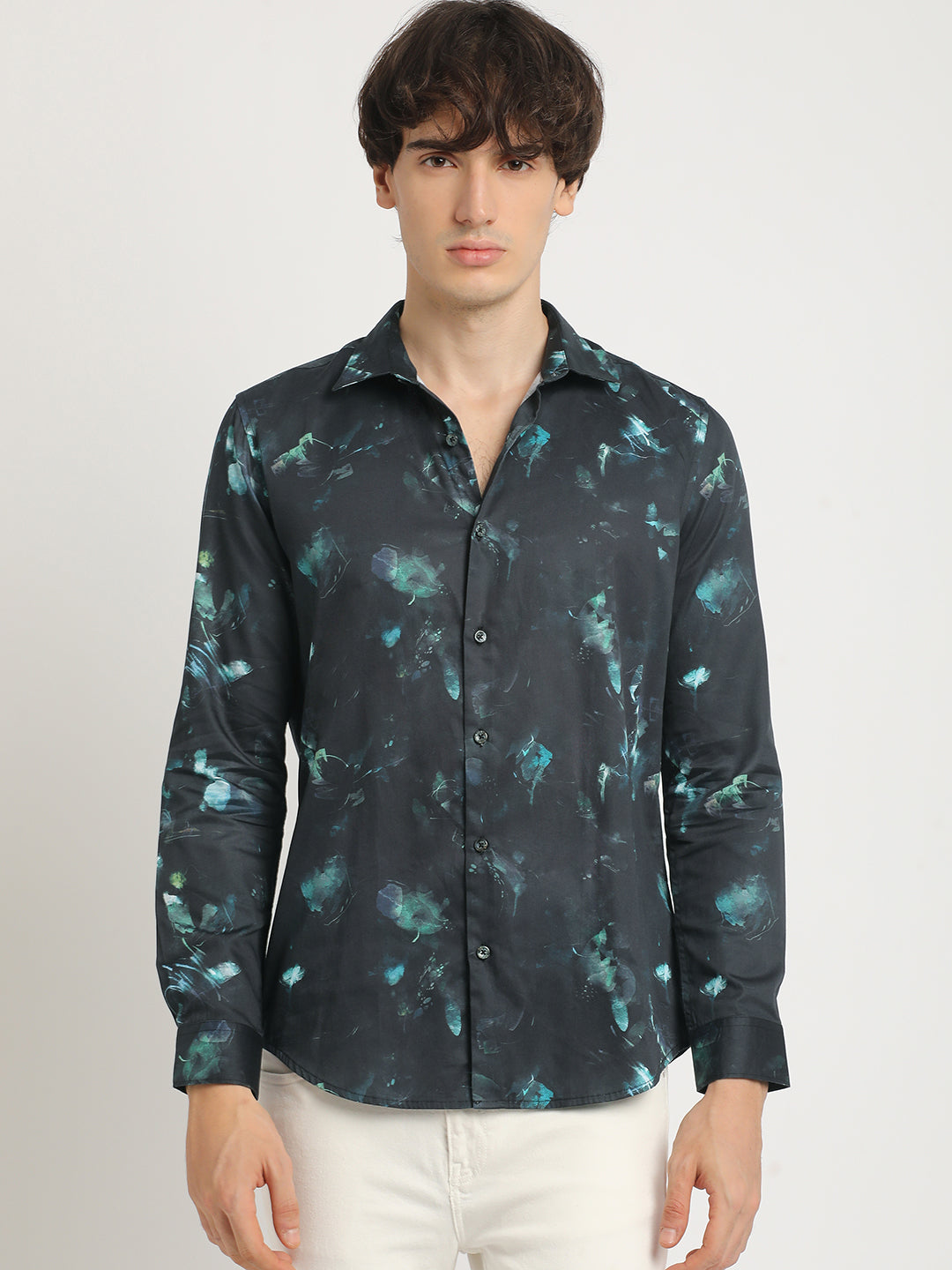 Men Blue Printed Slim Fit Cotton Casual Shirt