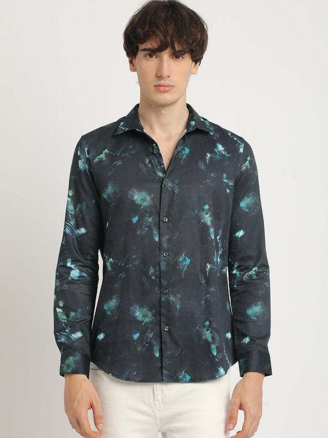 Men Blue Printed Slim Fit Cotton Casual Shirt