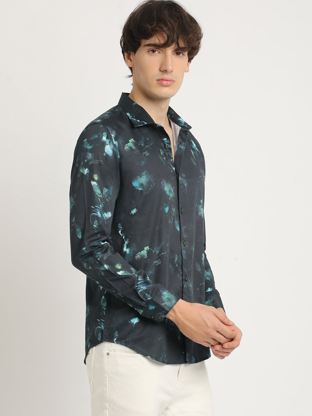 Men Blue Printed Slim Fit Cotton Casual Shirt