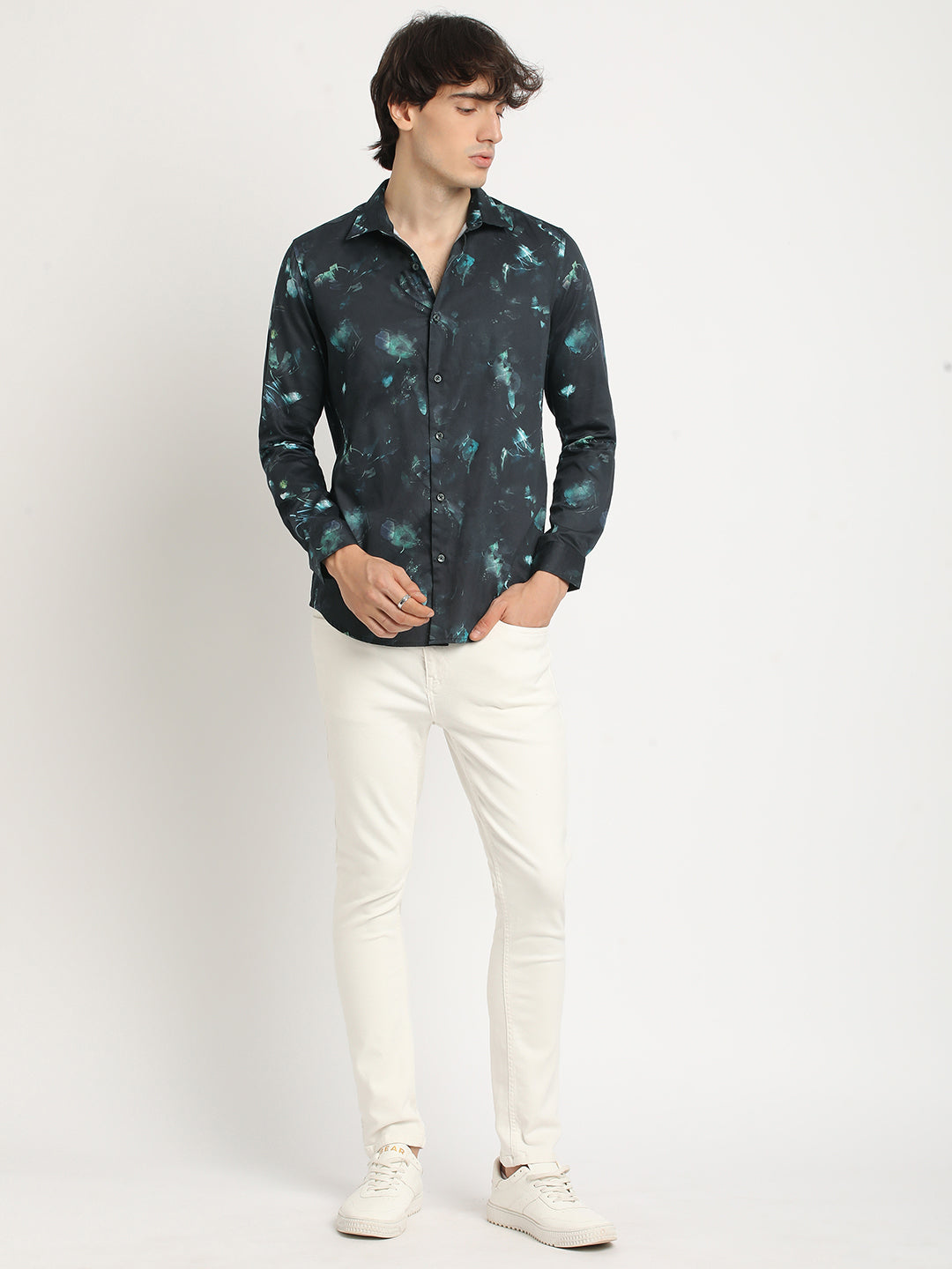Men Blue Printed Slim Fit Cotton Casual Shirt