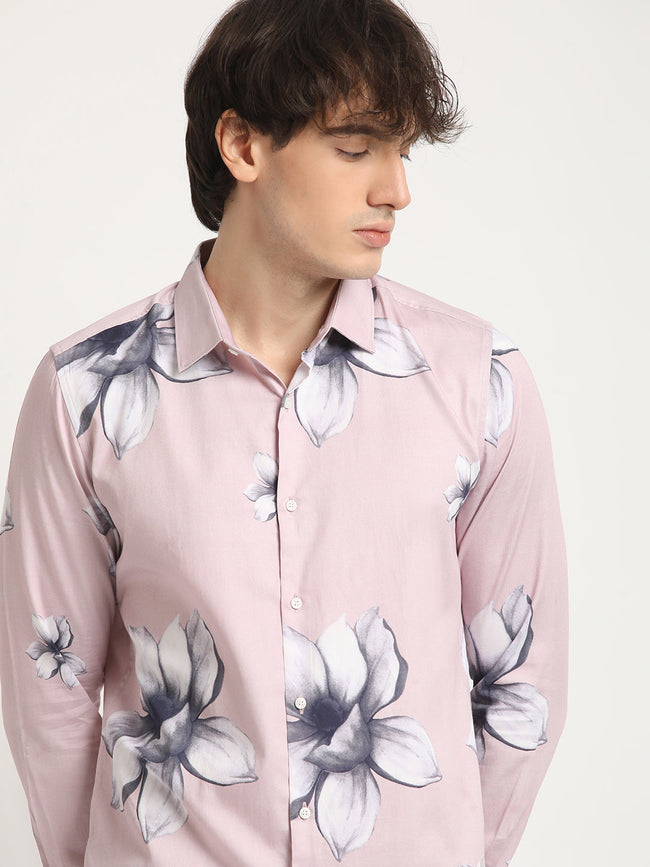 Men  Pink Floral Print Long-Sleeve Slim Fit Casual Shirt