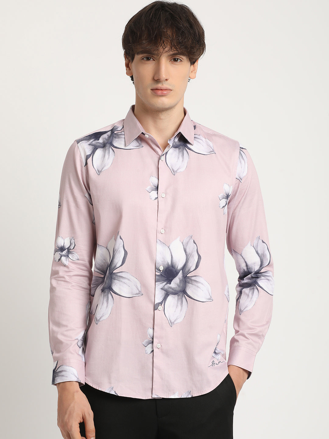 Men  Pink Floral Print Long-Sleeve Slim Fit Casual Shirt