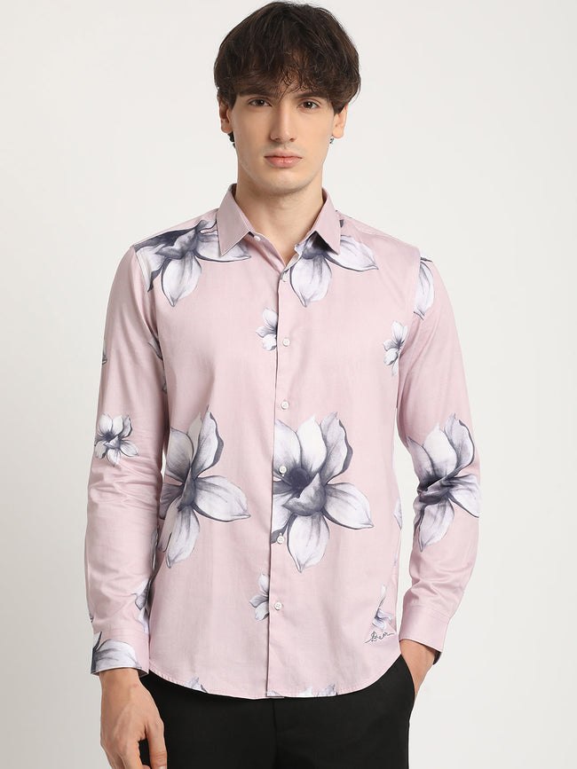 Men  Pink Floral Print Long-Sleeve Slim Fit Casual Shirt