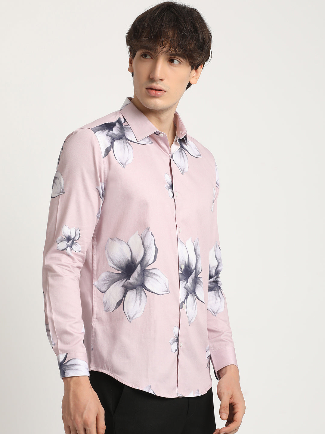 Men  Pink Floral Print Long-Sleeve Slim Fit Casual Shirt
