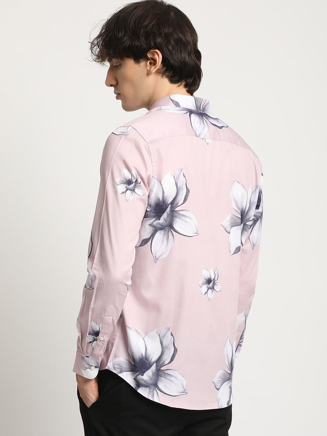 Men  Pink Floral Print Long-Sleeve Slim Fit Casual Shirt