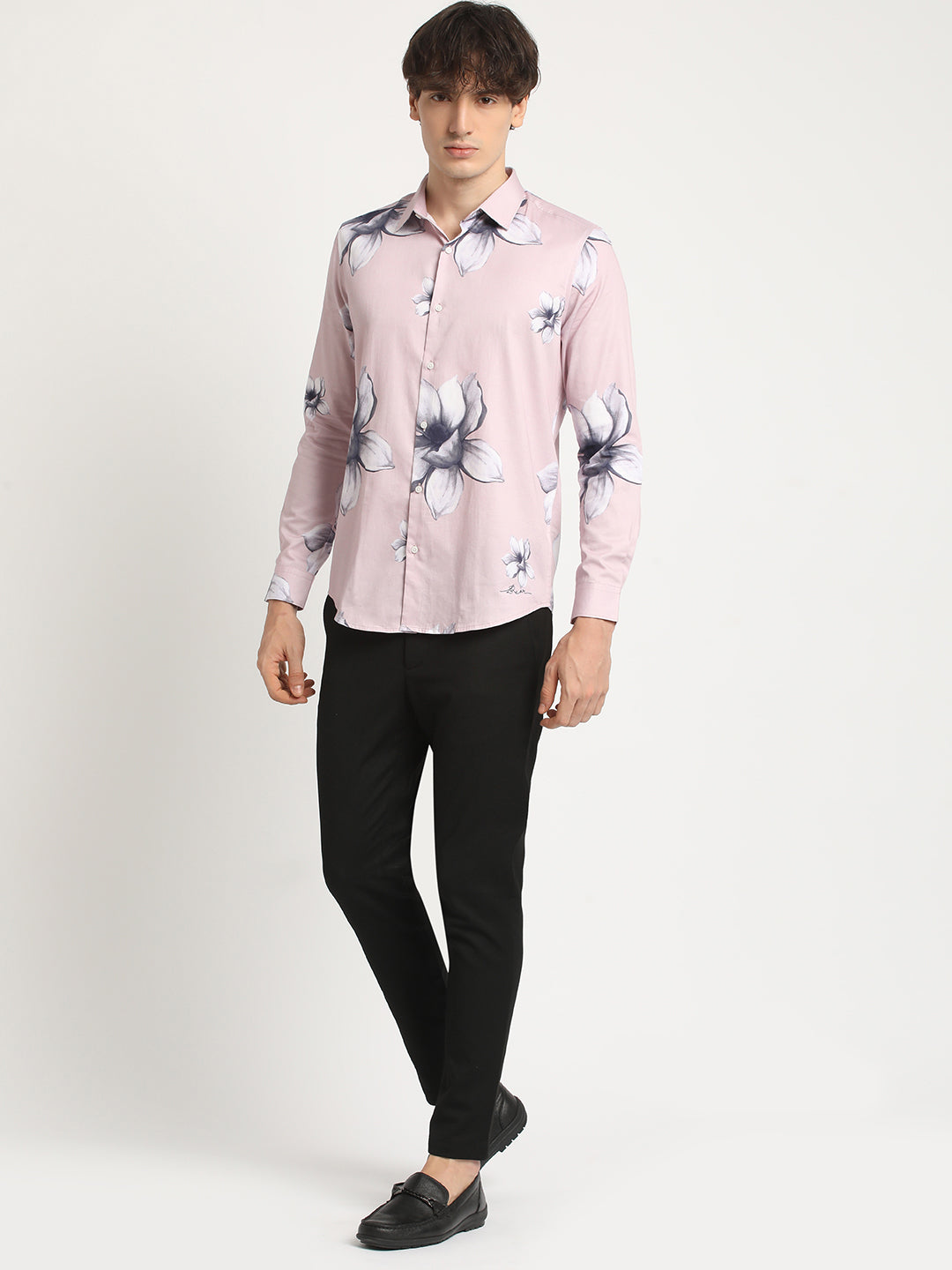Men  Pink Floral Print Long-Sleeve Slim Fit Casual Shirt