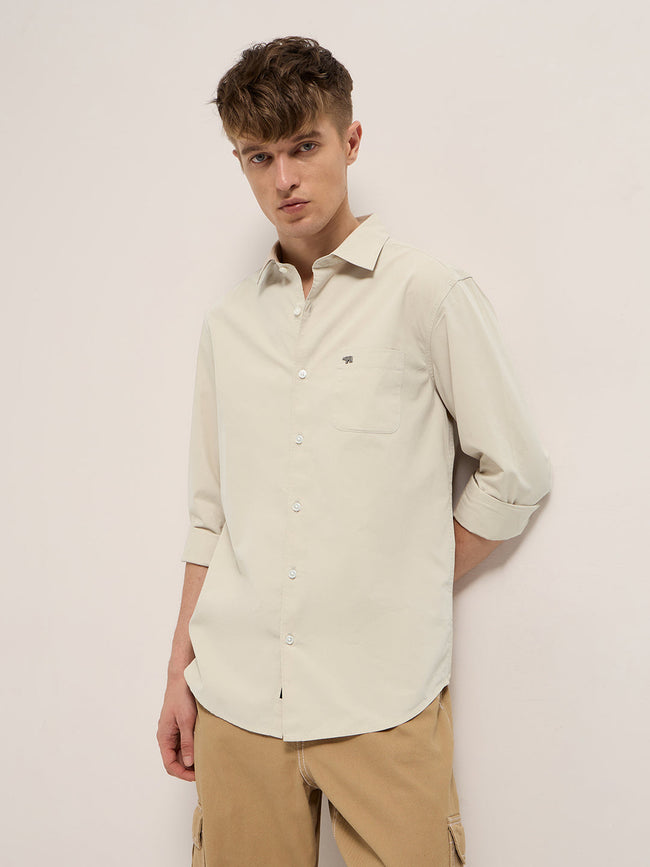 Men Beige Cotton Solid Slim Fit Casual Shirt