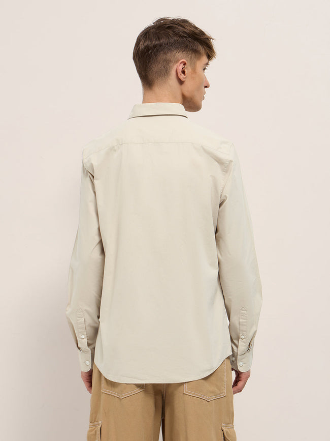 Men Beige Cotton Solid Slim Fit Casual Shirt