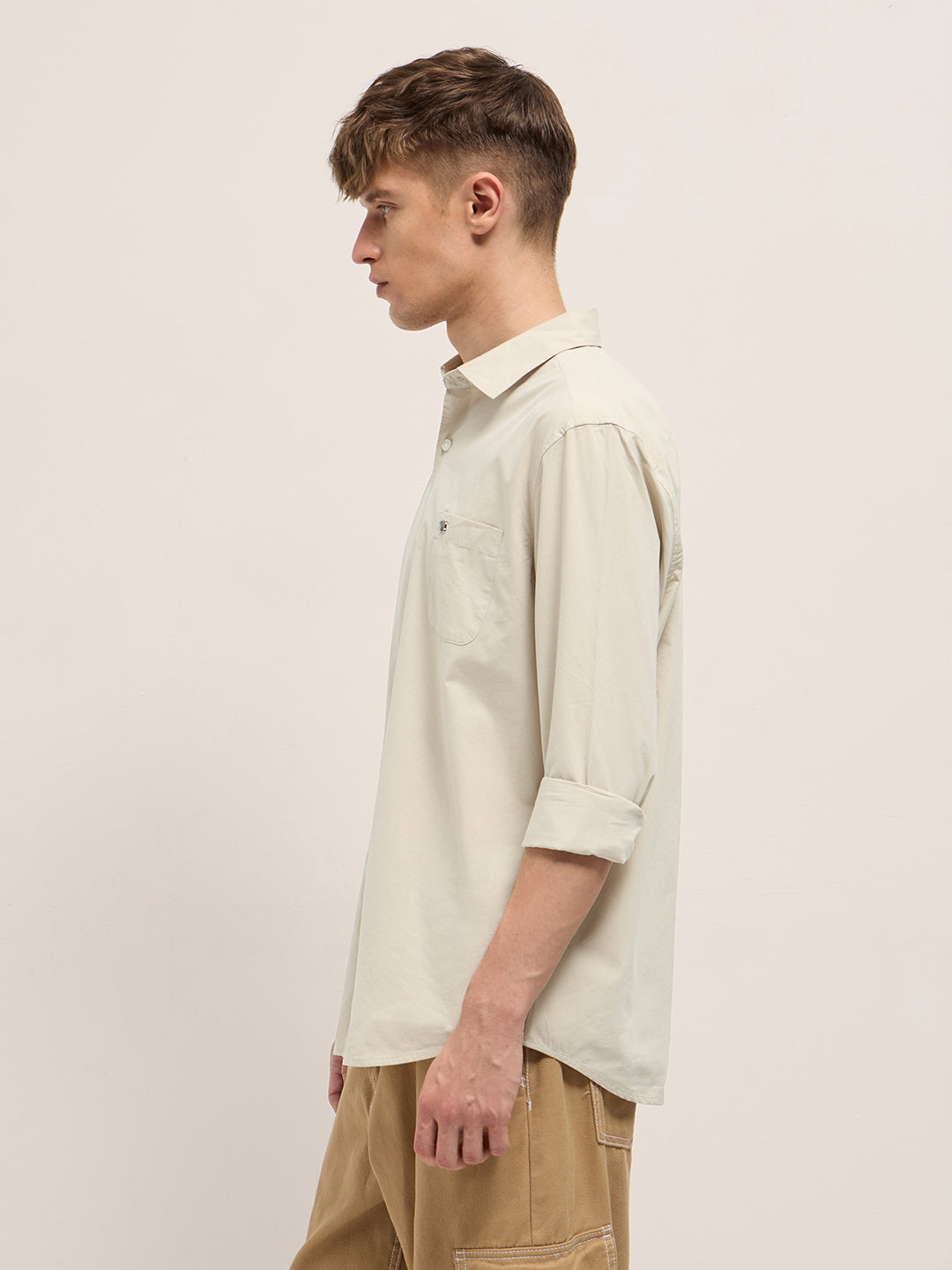 Men Beige Cotton Solid Slim Fit Casual Shirt
