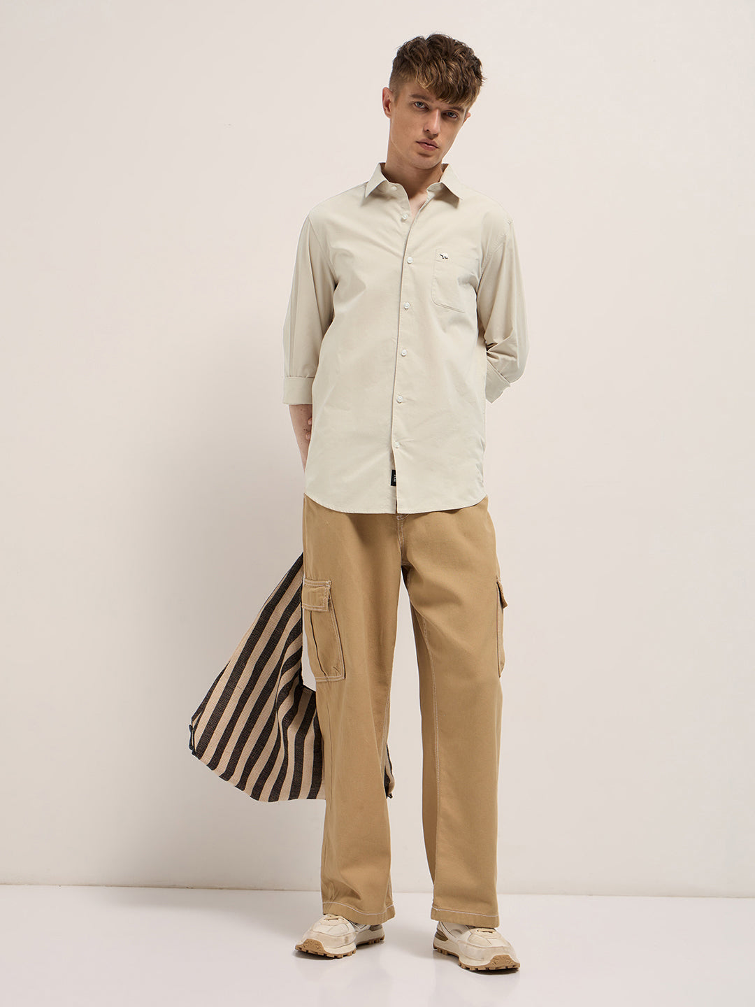 Men Beige Cotton Solid Slim Fit Casual Shirt