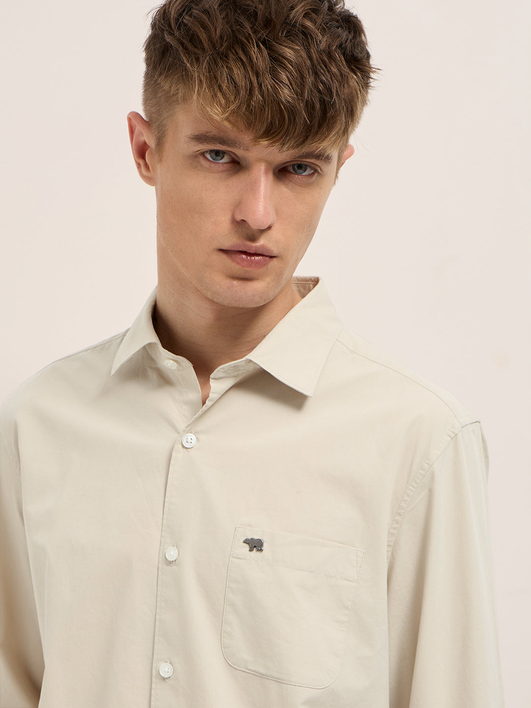 Men Beige Cotton Solid Slim Fit Casual Shirt