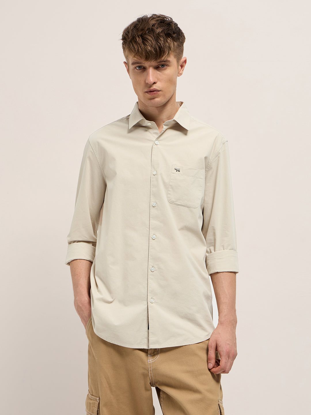 Men Beige Cotton Solid Slim Fit Casual Shirt
