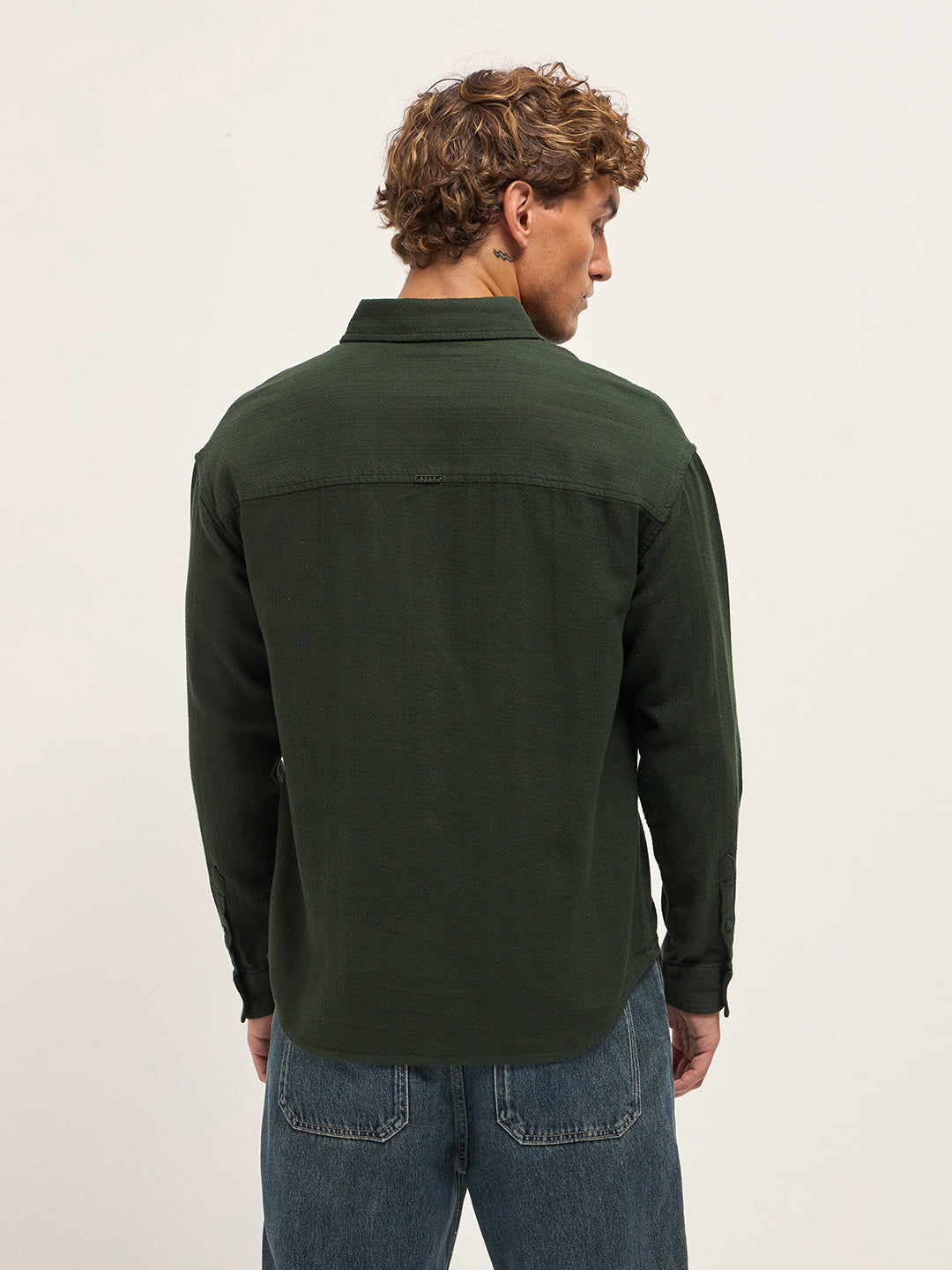 Men Green Texture Herringbone Design Relax Fit Overshirt