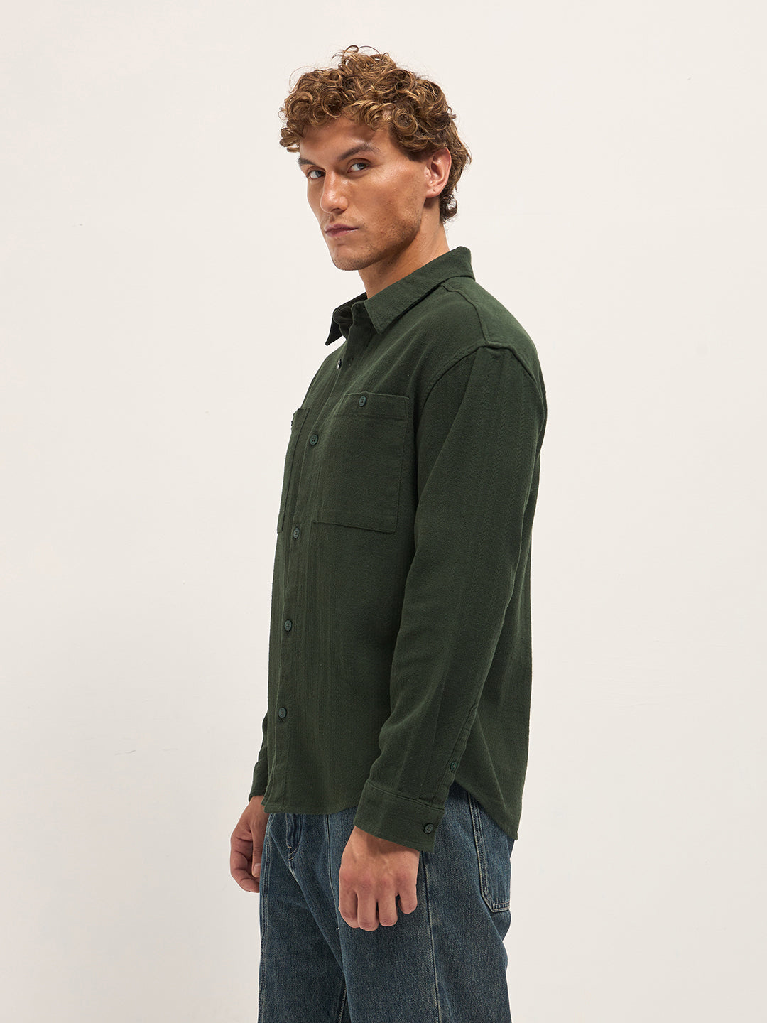 Men Green Texture Herringbone Design Relax Fit Overshirt