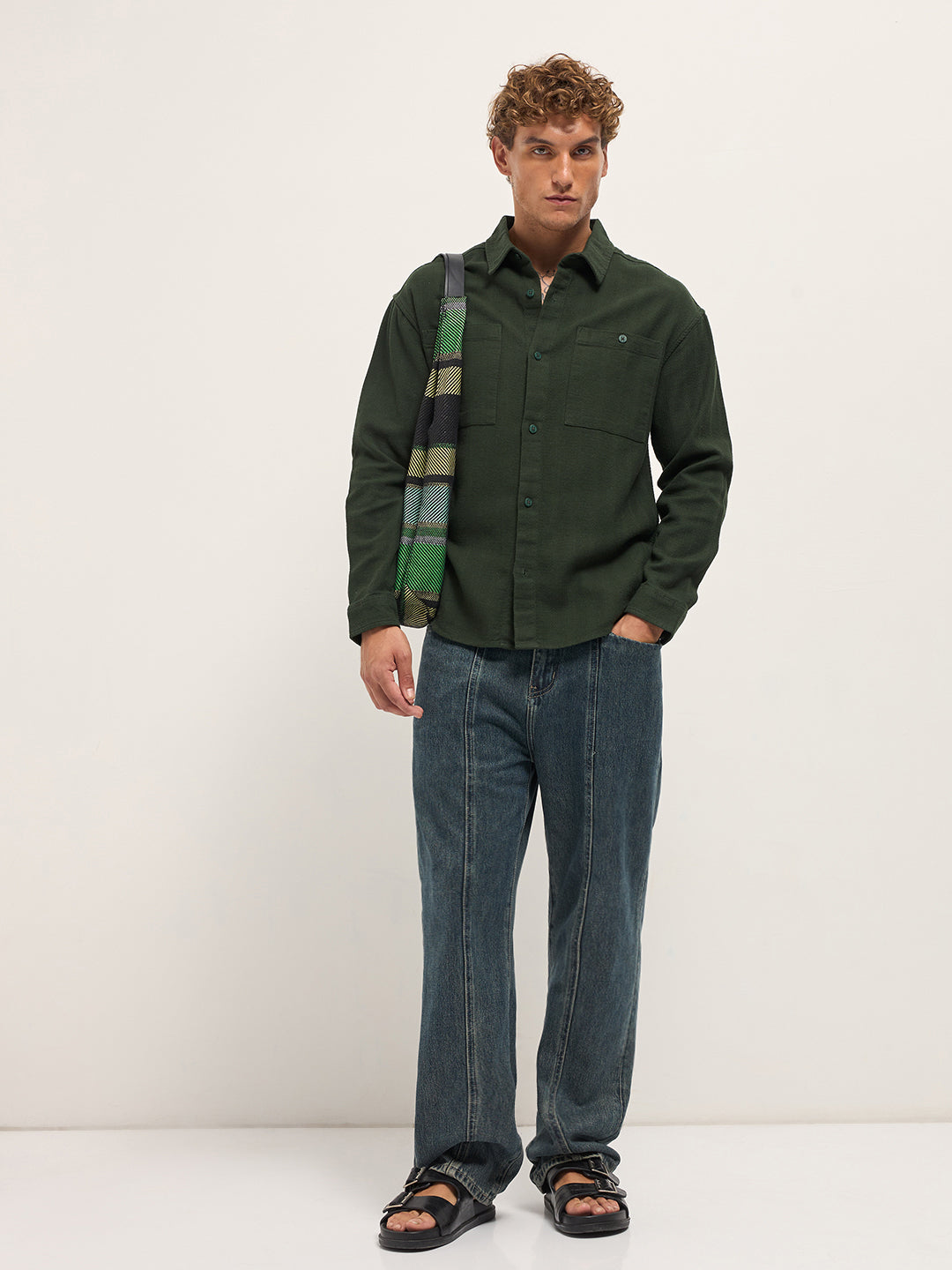 Men Green Texture Herringbone Design Relax Fit Overshirt