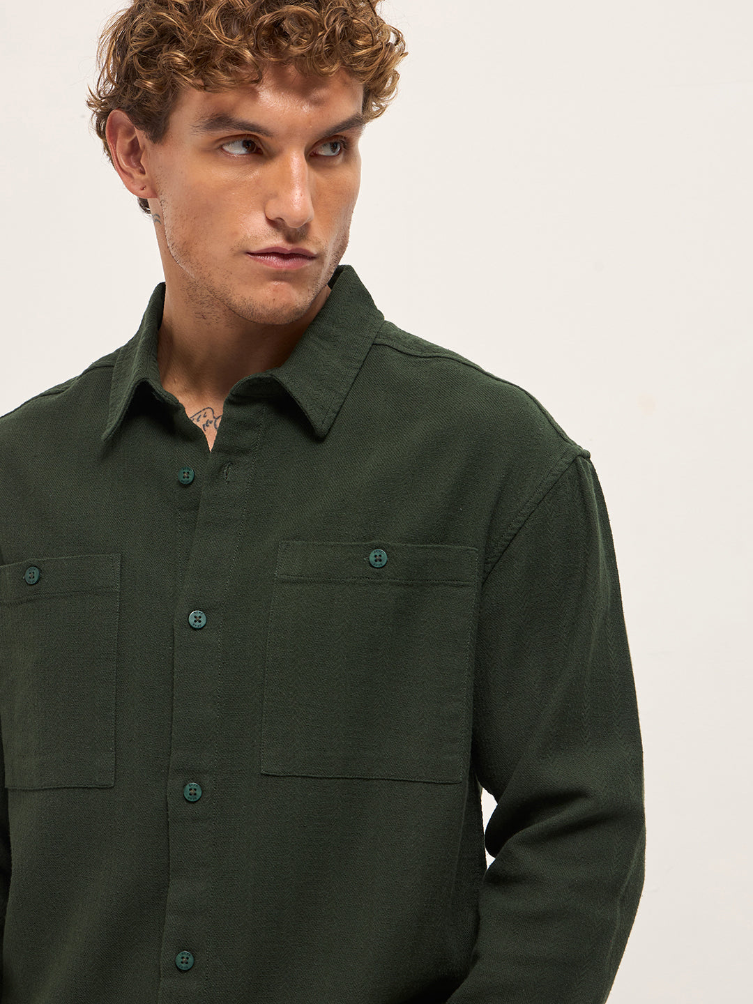 Men Green Texture Herringbone Design Relax Fit Overshirt
