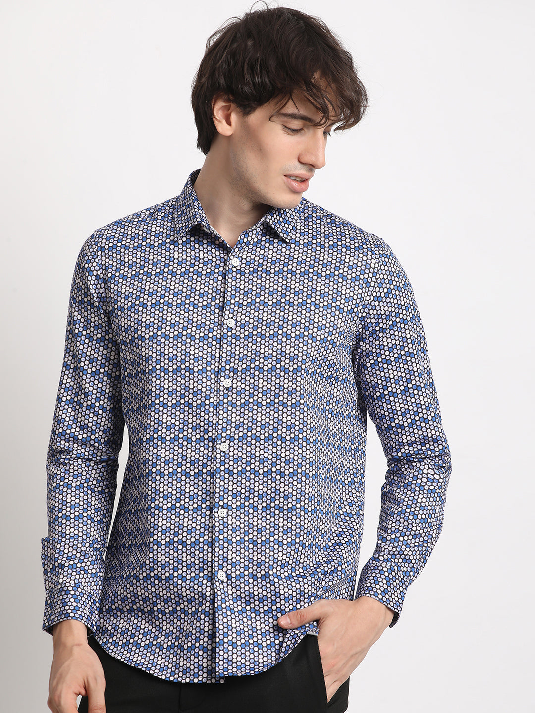 Men Blue Printed Slim Fit Cotton Casual Shirt