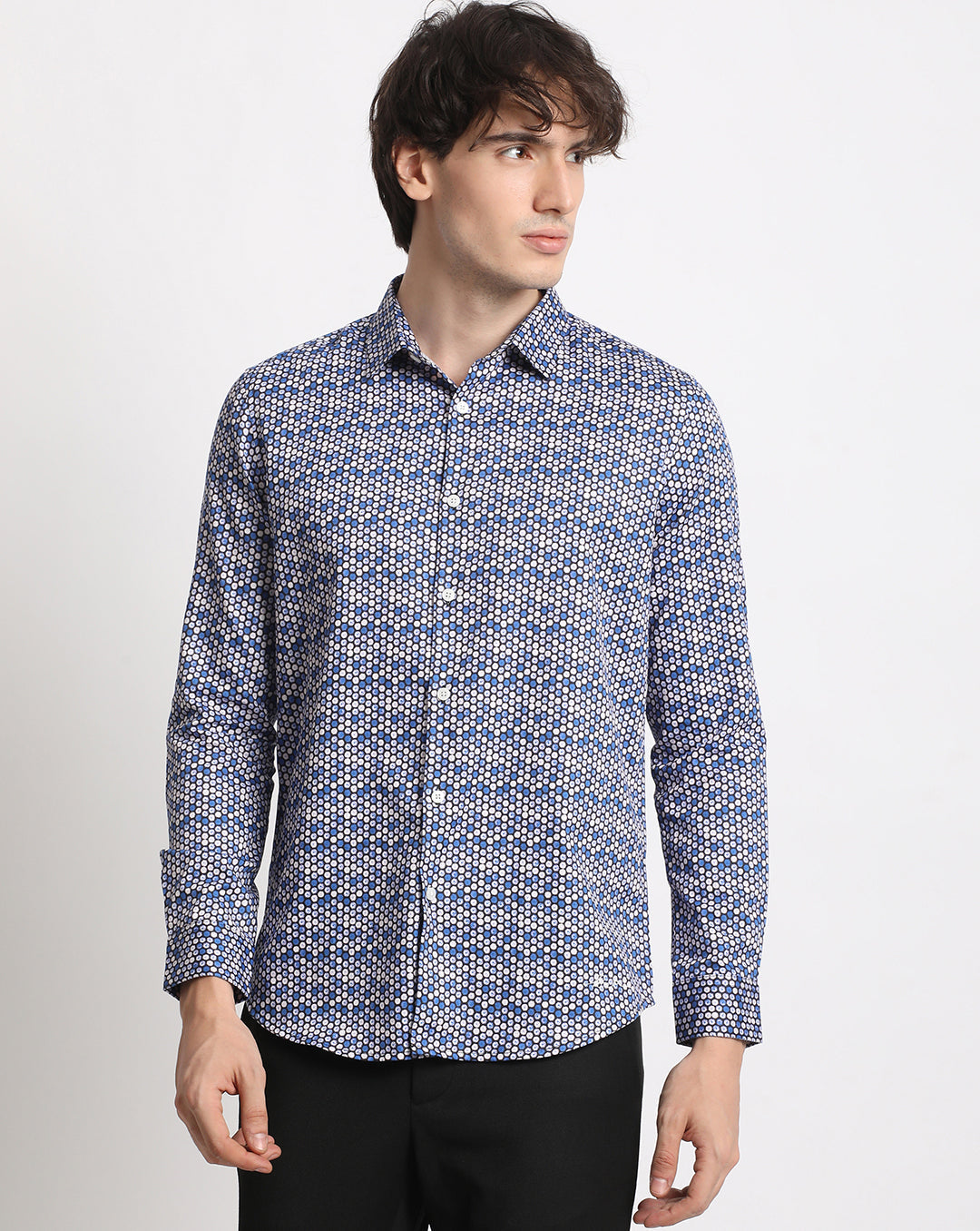 Men Blue Printed Slim Fit Cotton Casual Shirt