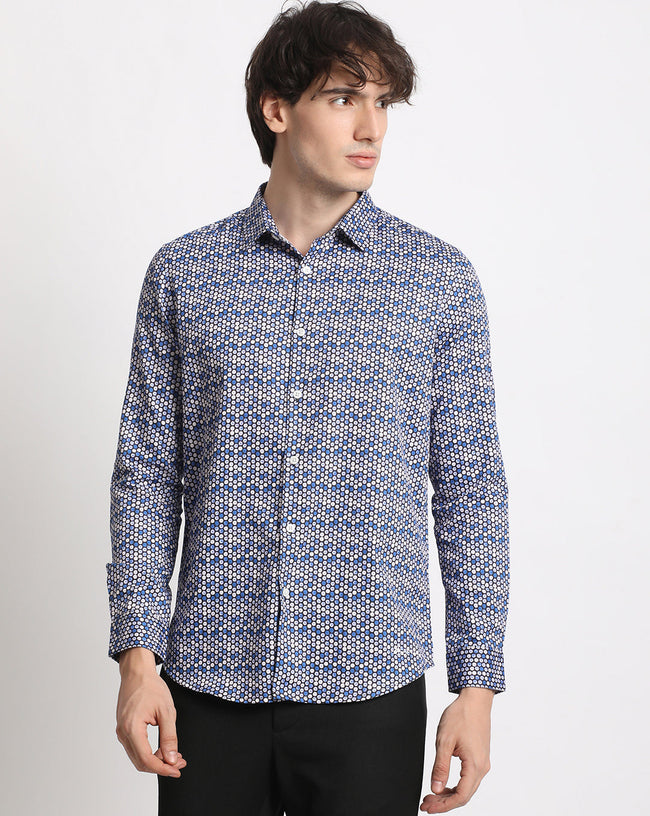 Men Blue Printed Slim Fit Cotton Casual Shirt