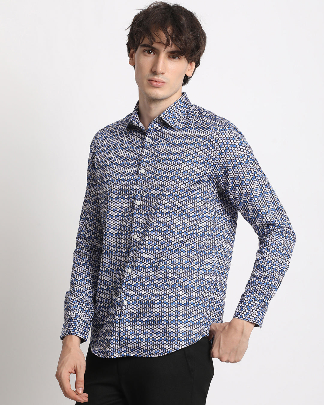 Men Blue Printed Slim Fit Cotton Casual Shirt