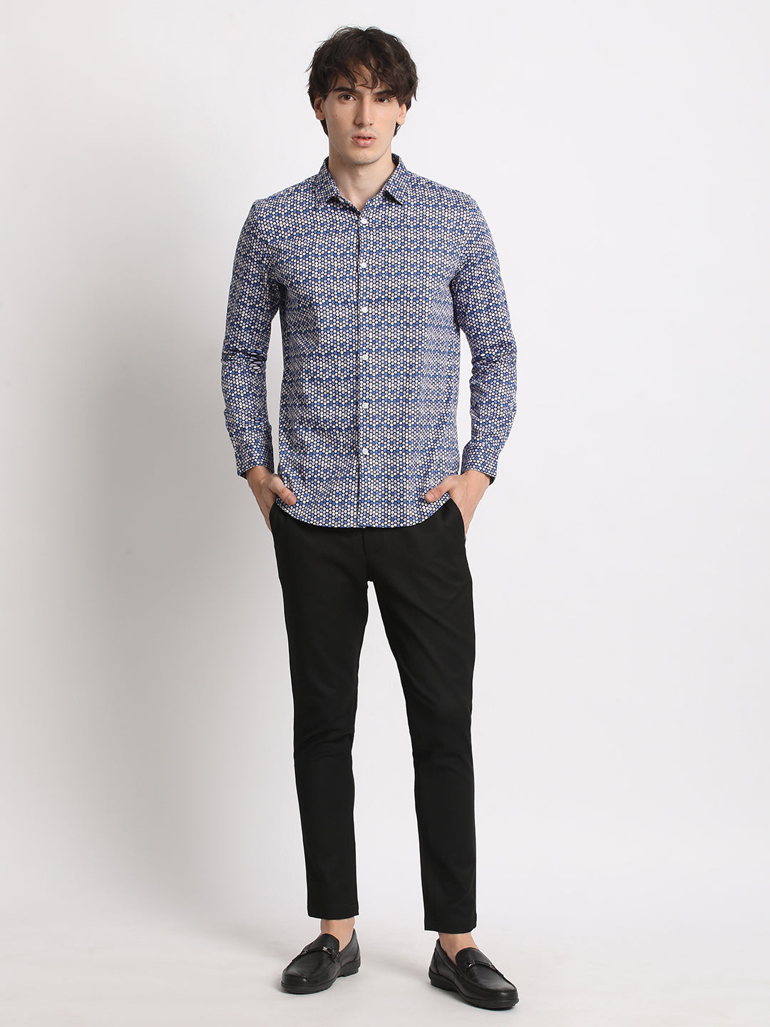 Men Blue Printed Slim Fit Cotton Casual Shirt