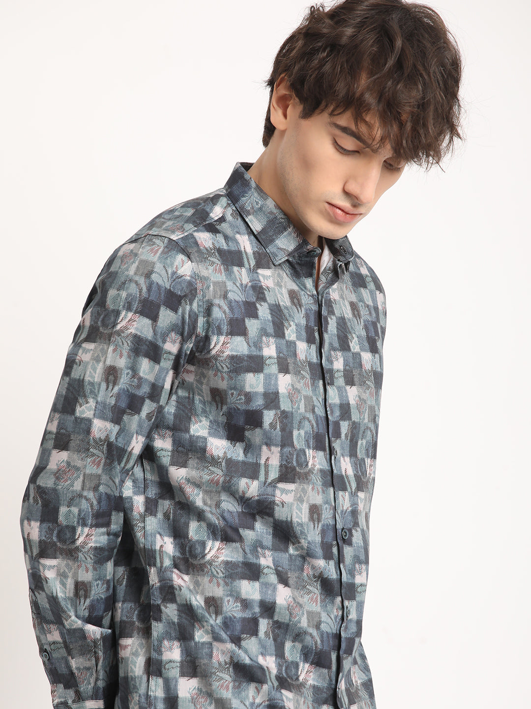 Men Blue Printed Slim Fit Cotton Casual Shirt