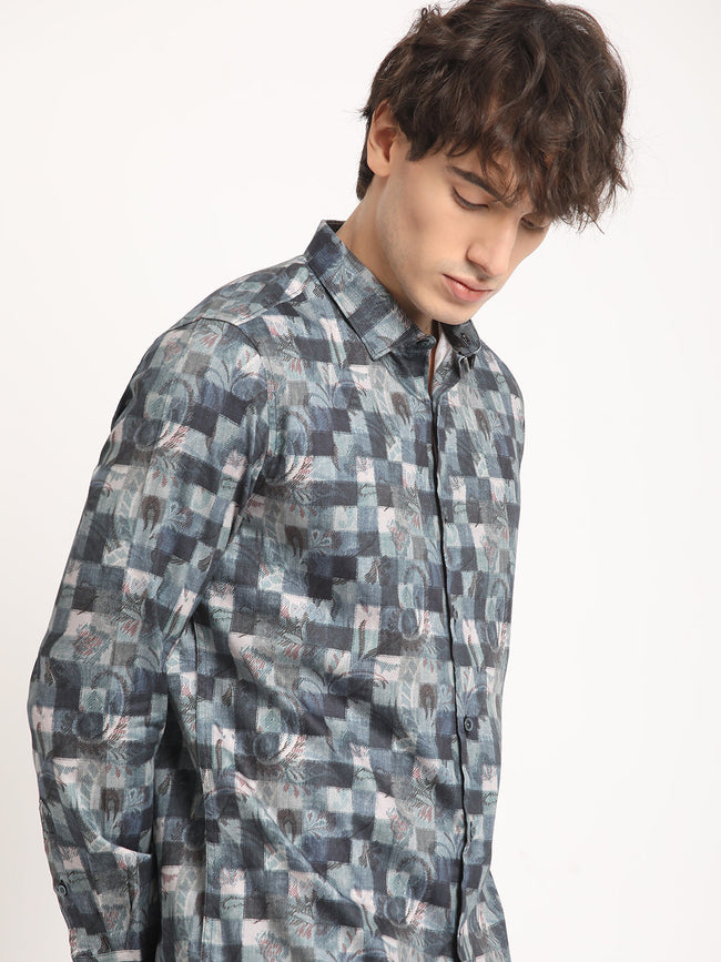 Men Blue Printed Slim Fit Cotton Casual Shirt