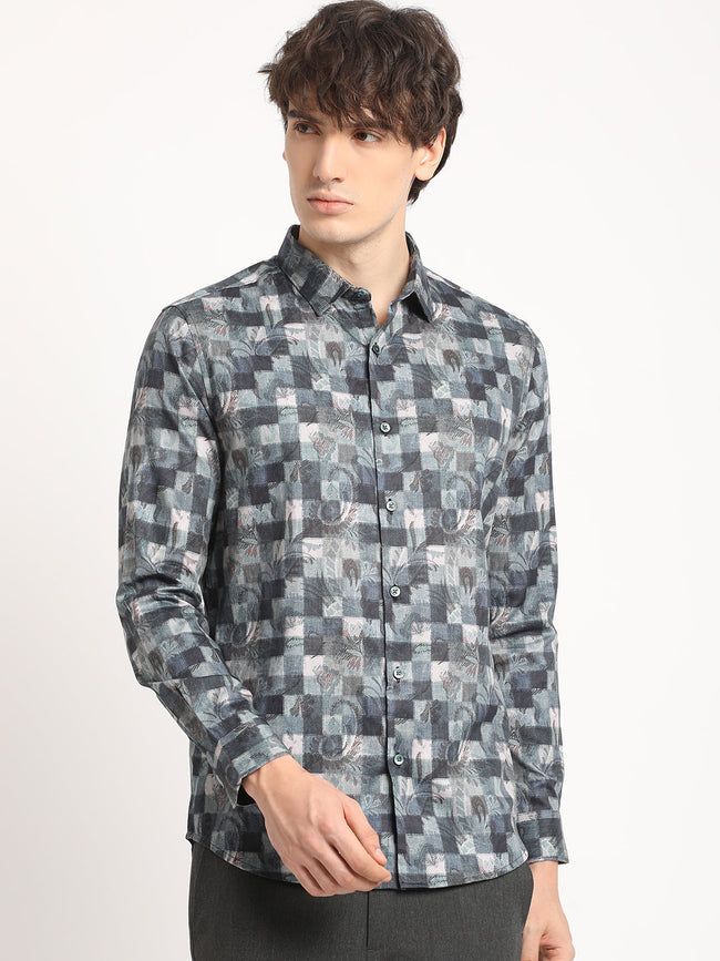 Men Blue Printed Slim Fit Cotton Casual Shirt