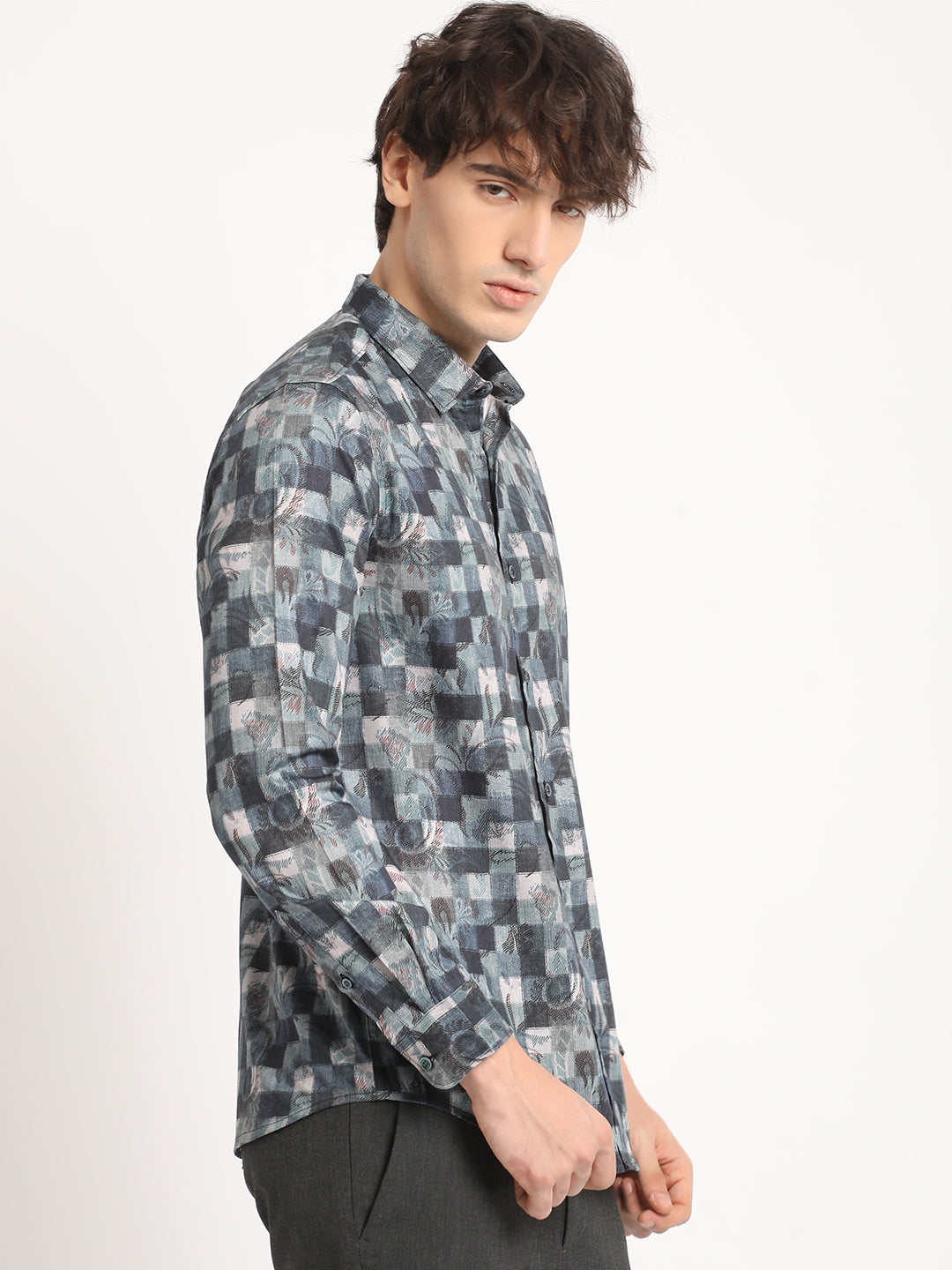 Men Blue Printed Slim Fit Cotton Casual Shirt