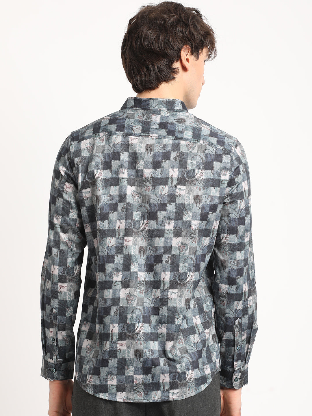 Men Blue Printed Slim Fit Cotton Casual Shirt