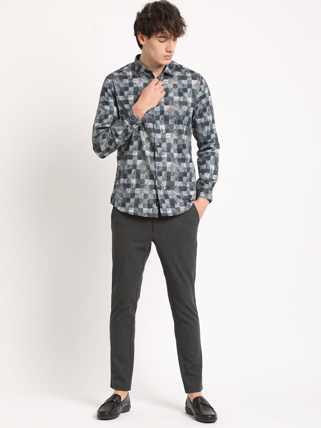 Men Blue Printed Slim Fit Cotton Casual Shirt