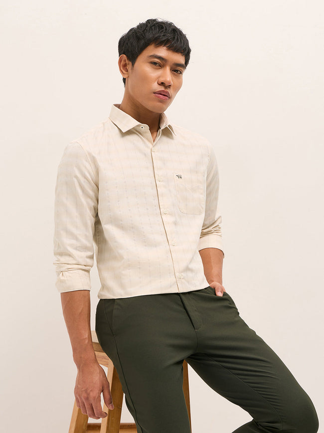 Men Beige Woven Stripe Tailored Fit Formal Shirt