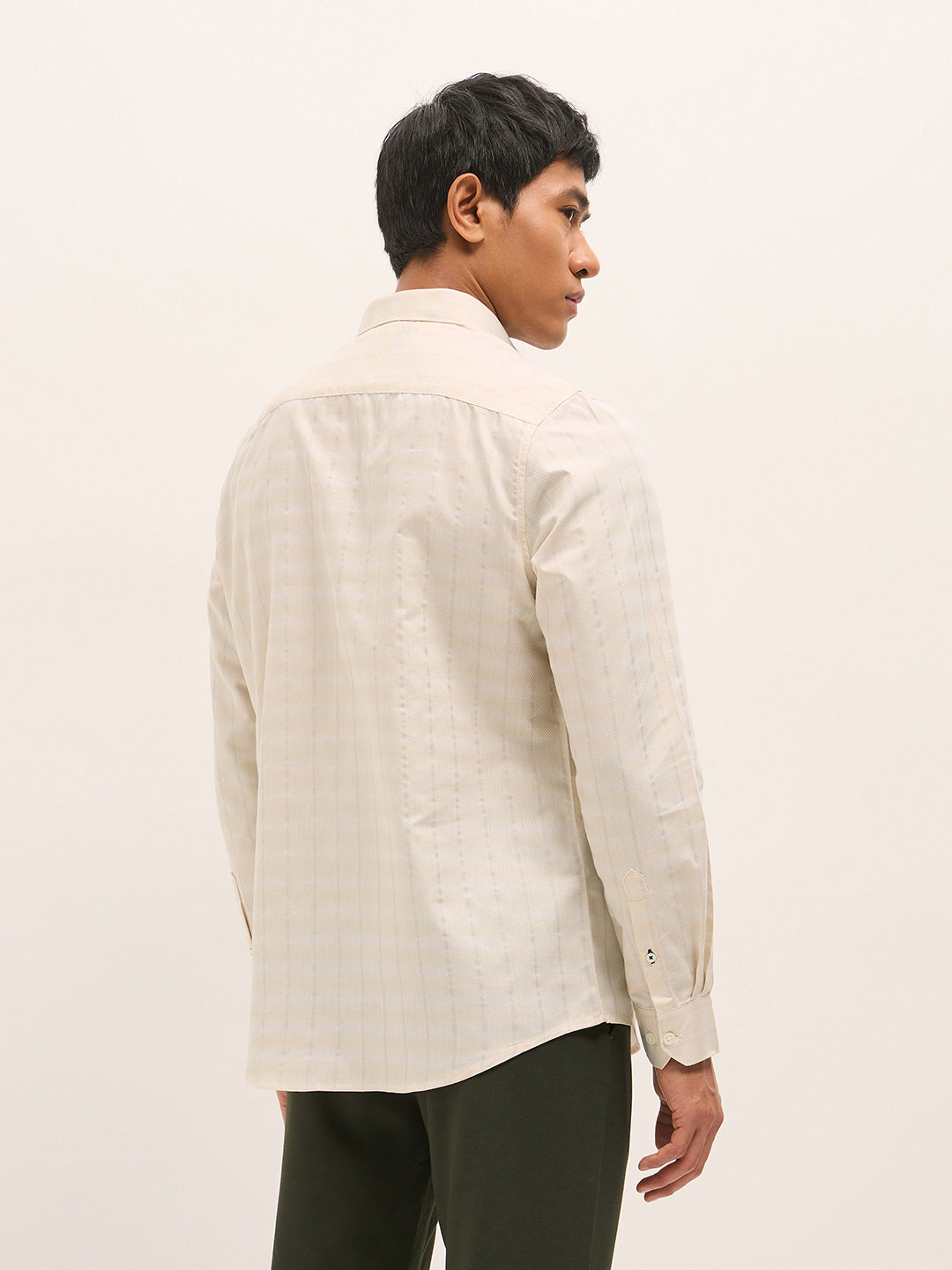 Men Beige Woven Stripe Tailored Fit Formal Shirt