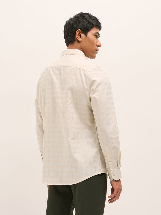 Men Beige Woven Stripe Tailored Fit Formal Shirt
