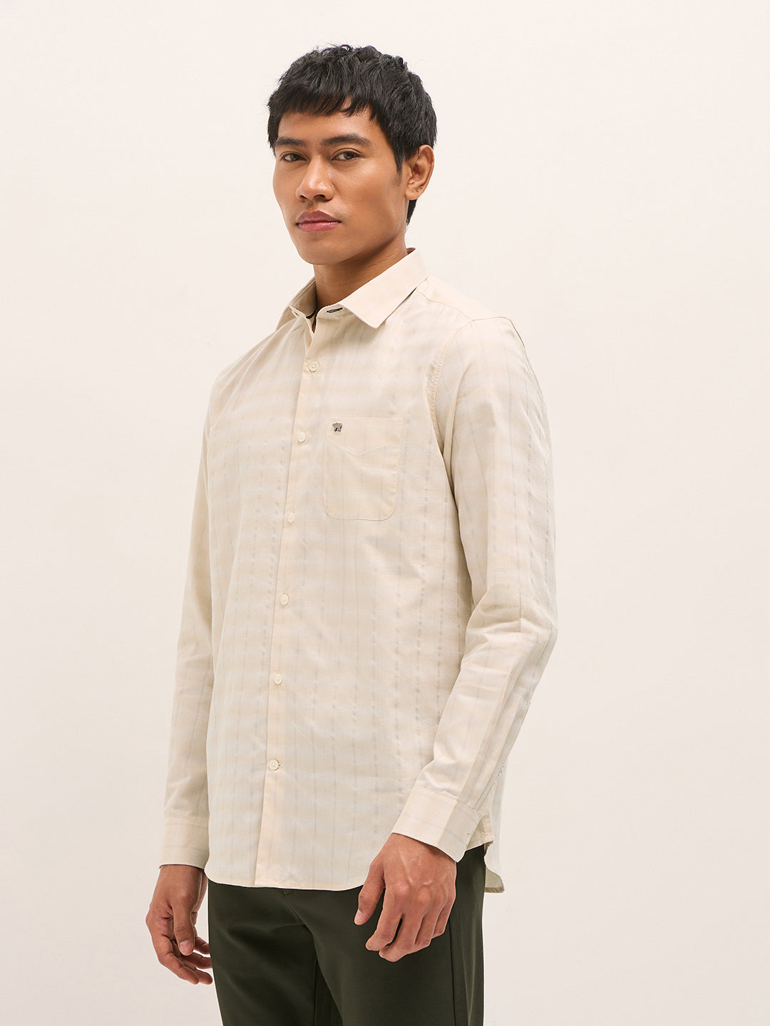Men Beige Woven Stripe Tailored Fit Formal Shirt