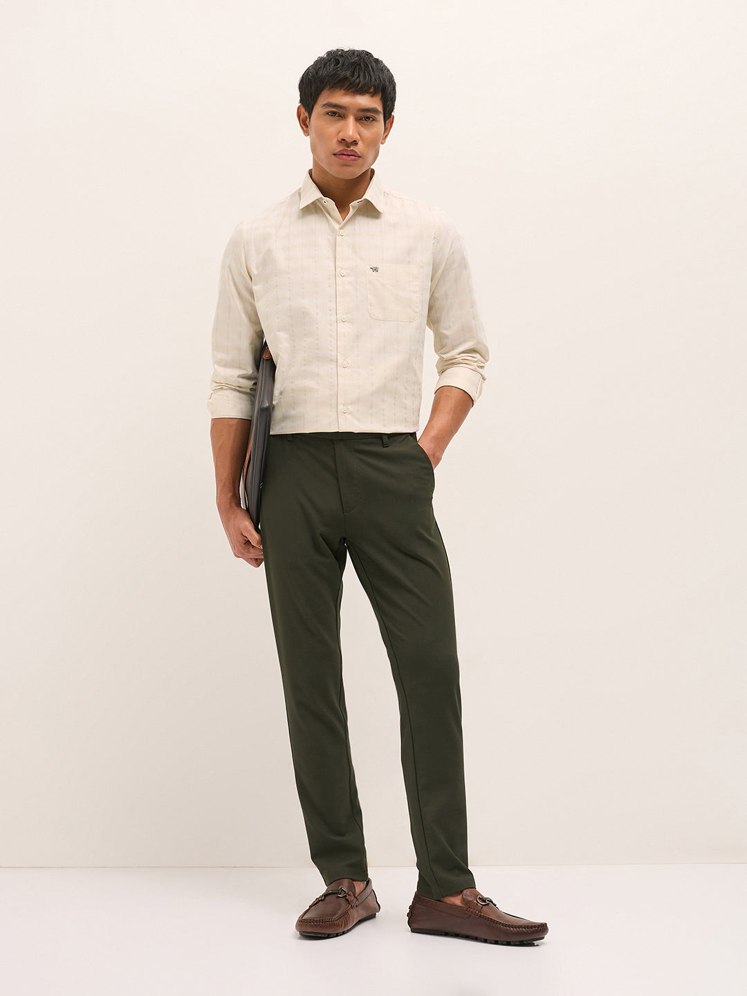 Men Beige Woven Stripe Tailored Fit Formal Shirt