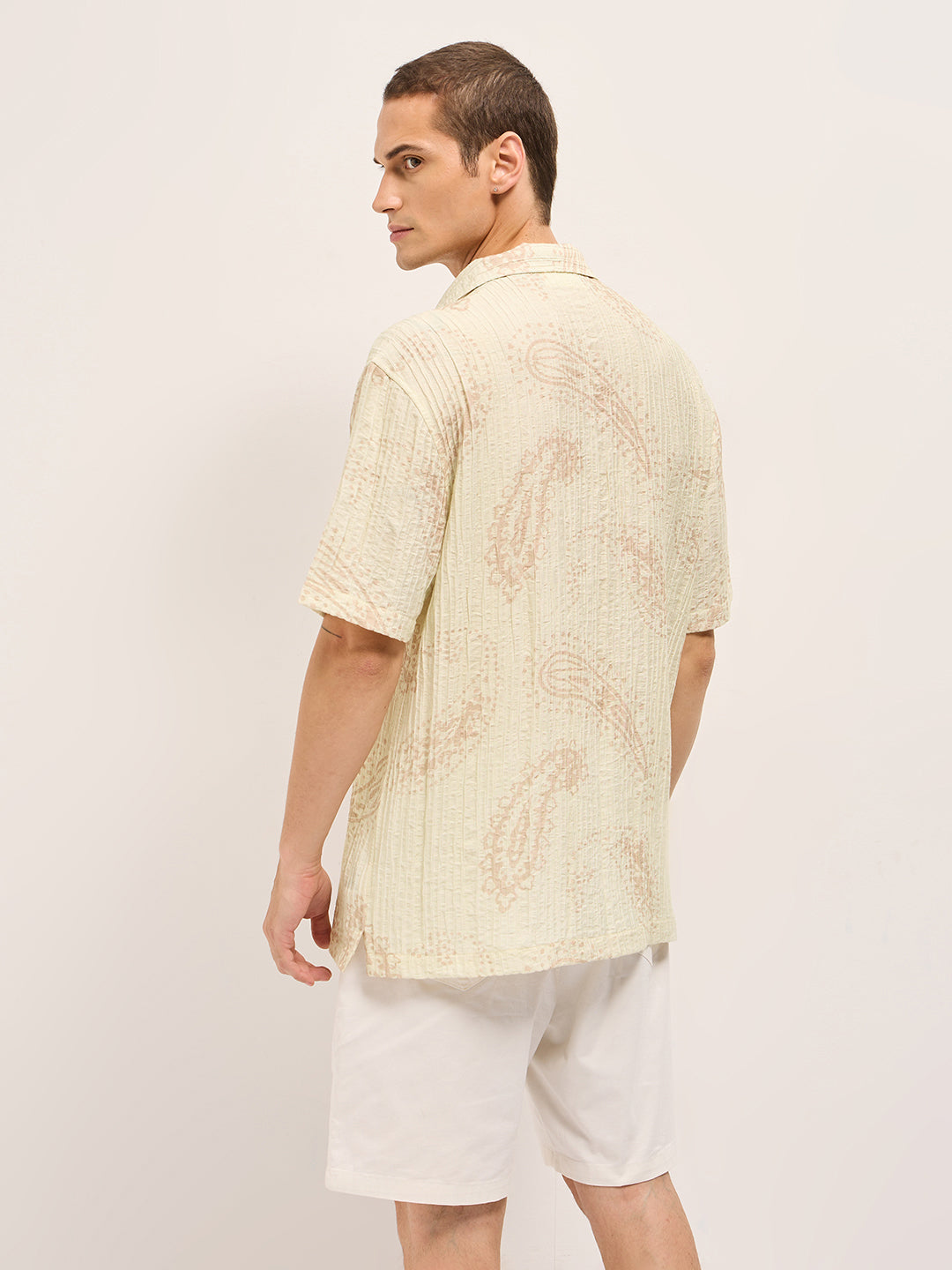 Men Cream Viscose Paisley Print Relaxed Fit Cuban Collar Shirt