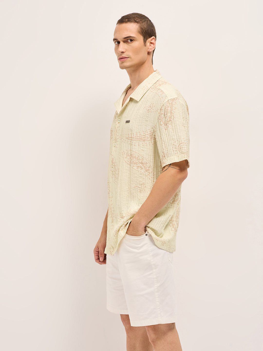 Men Cream Viscose Paisley Print Relaxed Fit Cuban Collar Shirt